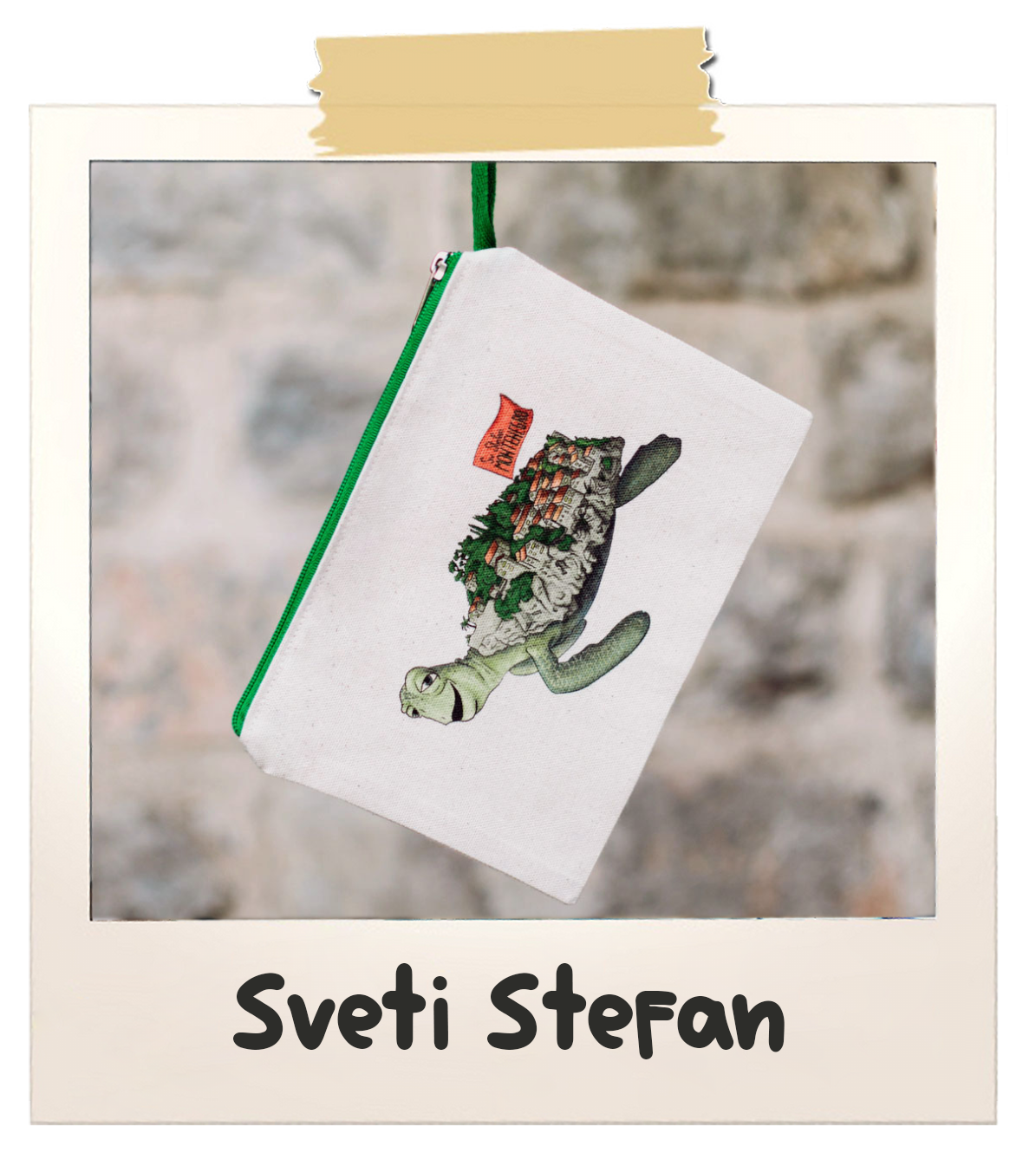 A small pouch with a Sveti Stefan island on a back of a turtle