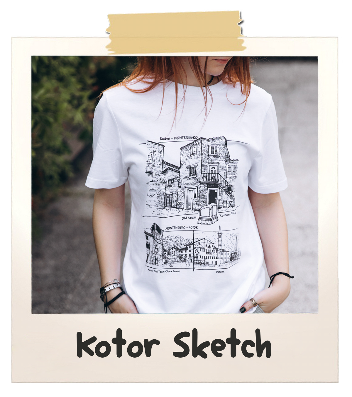 T-shirt with a sketch of Kotor and Perast